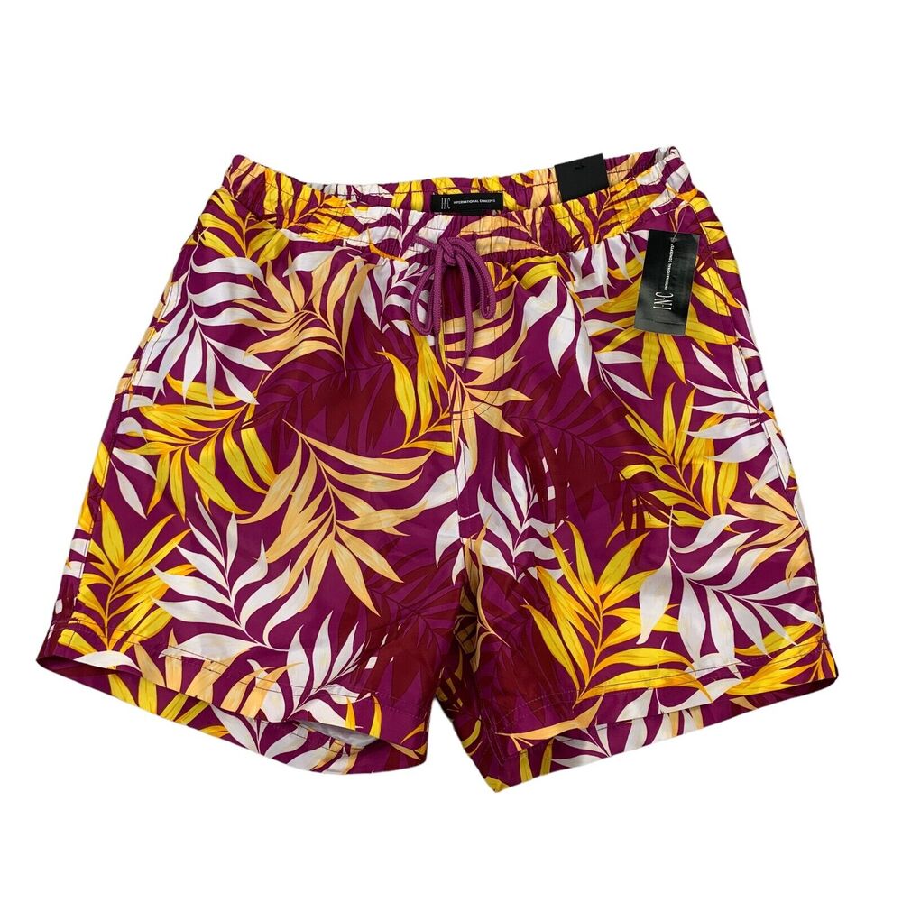 INC Mens Palm Leaves Mesh-Lined Quick-Dry 5" Swim Trunks Purple Yellow S